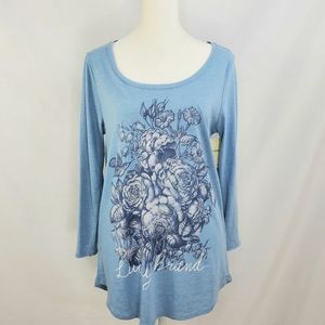 NWT Lucky Brand Blue Floral Graphic 3/4 Sleeve Tee Shirt